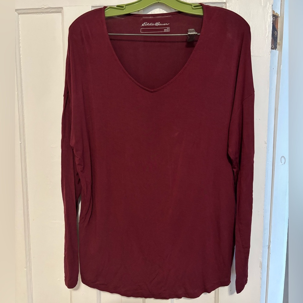 Eddie Bauer Deep Red V-Neck Long Sleeve Shirt